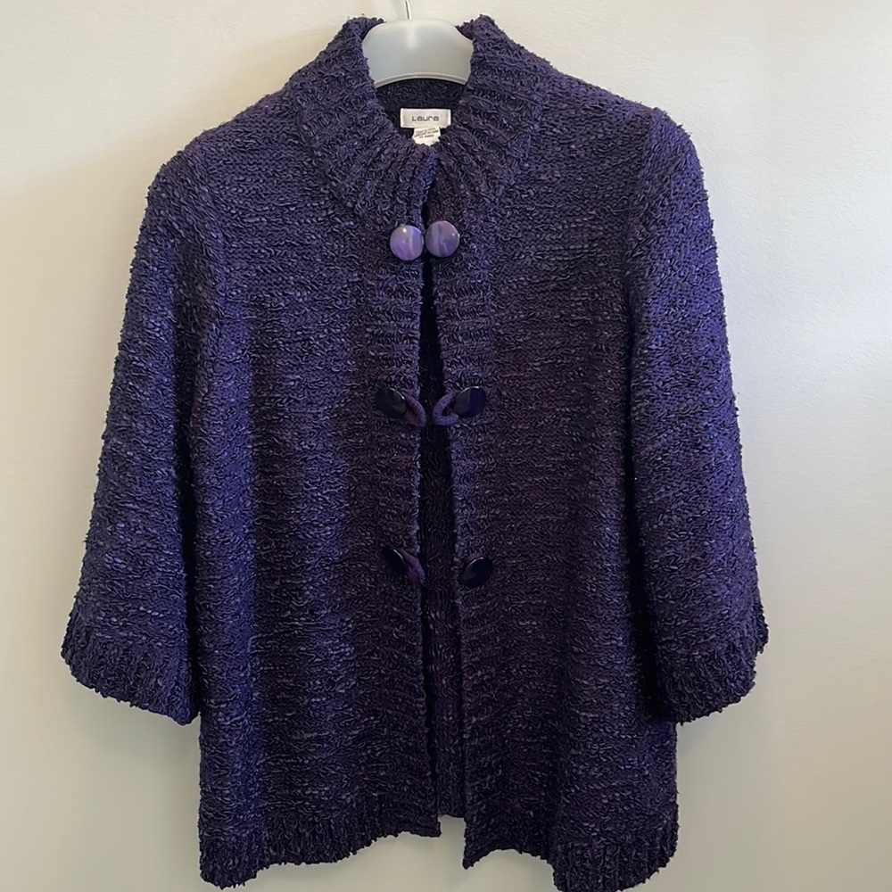 Laura purple sweater with bell 3/4 sleeves.